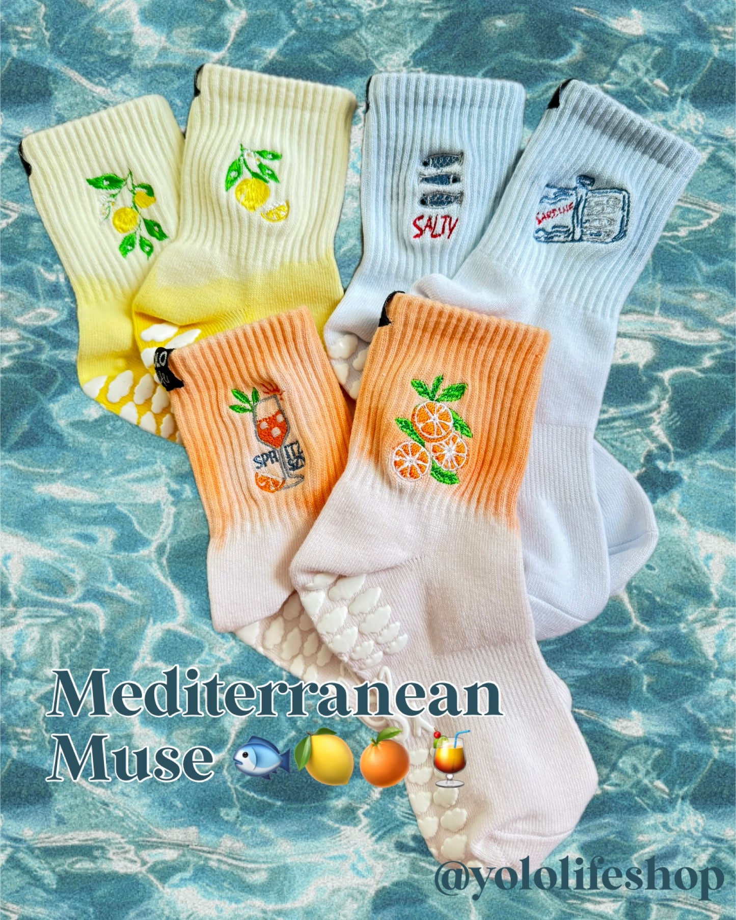 Mediterranean Muse – Hand-Dyed Crew Grip Socks (3-Pack or Individual Pair)