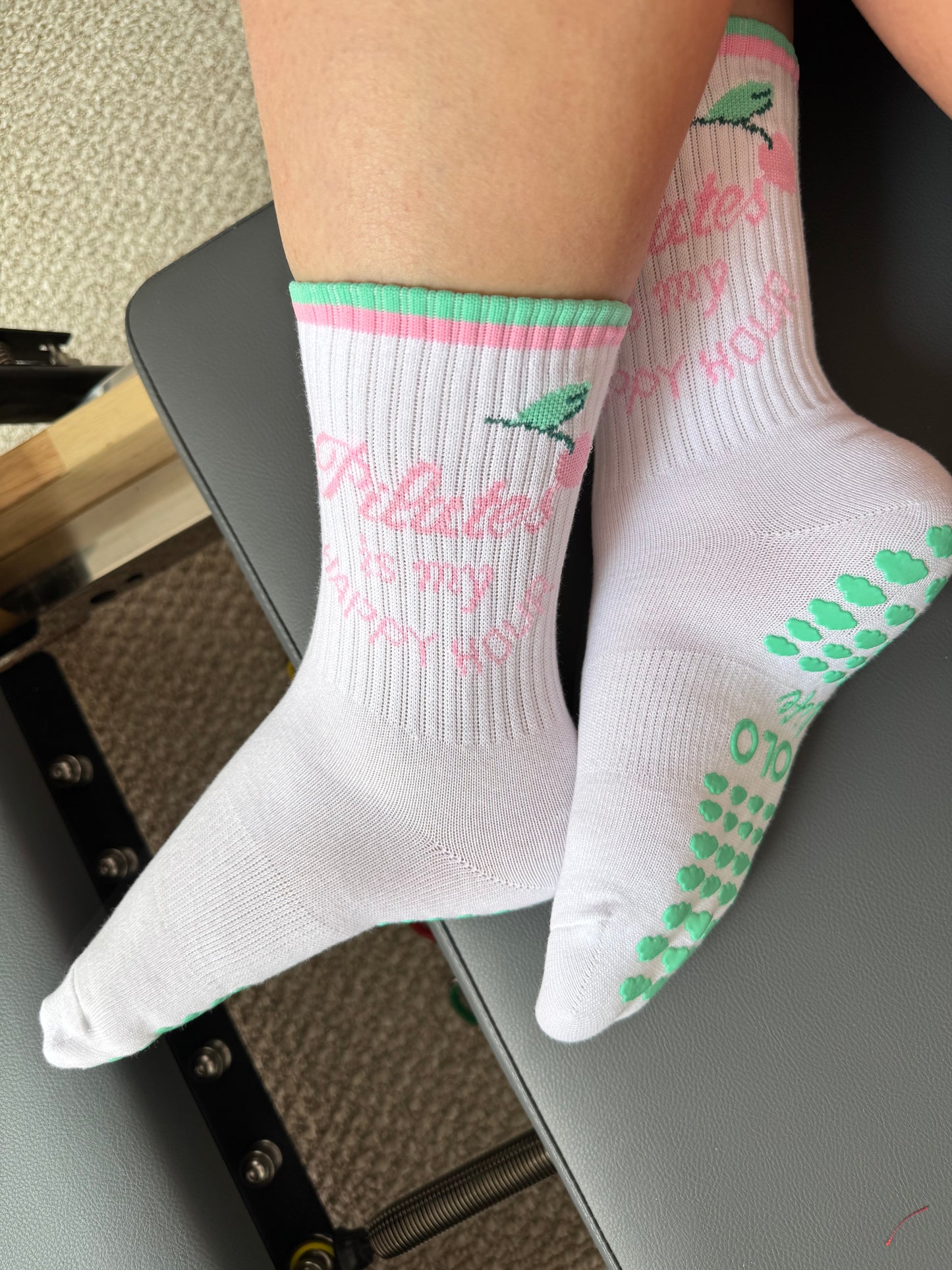 Pilates Grip Socks – “Pilates Is My Happy Hour” Design | Non-Slip Mint & Pink for Women