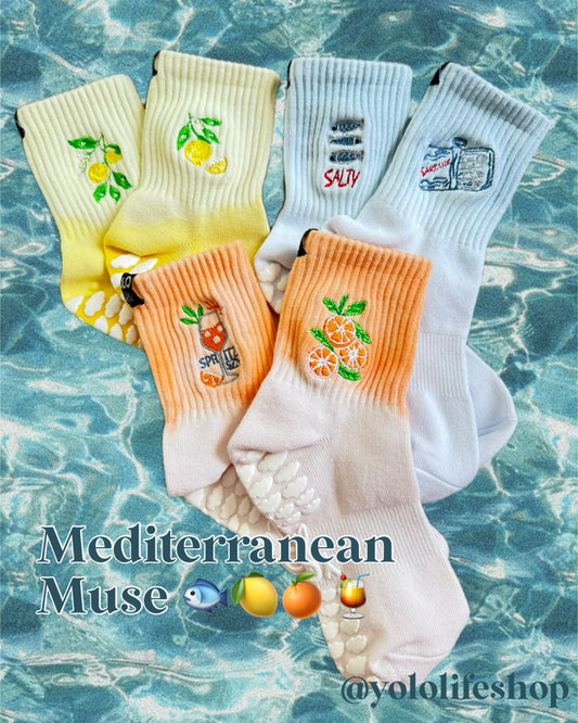 Mediterranean Muse – Hand-Dyed Crew Grip Socks (3-Pack or Individual Pair)