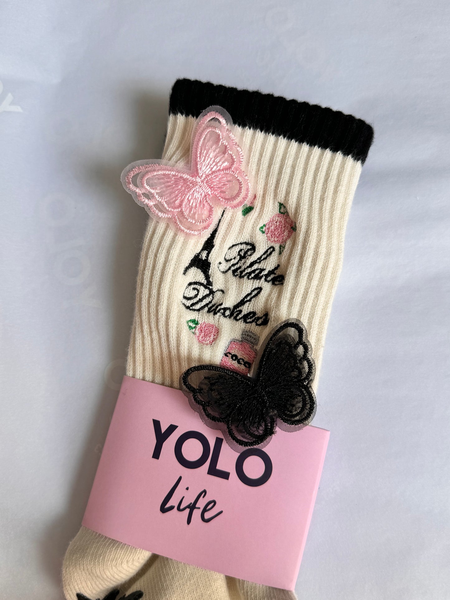 "Duchess in Paris" with butterfly's Pilates crew grip socks