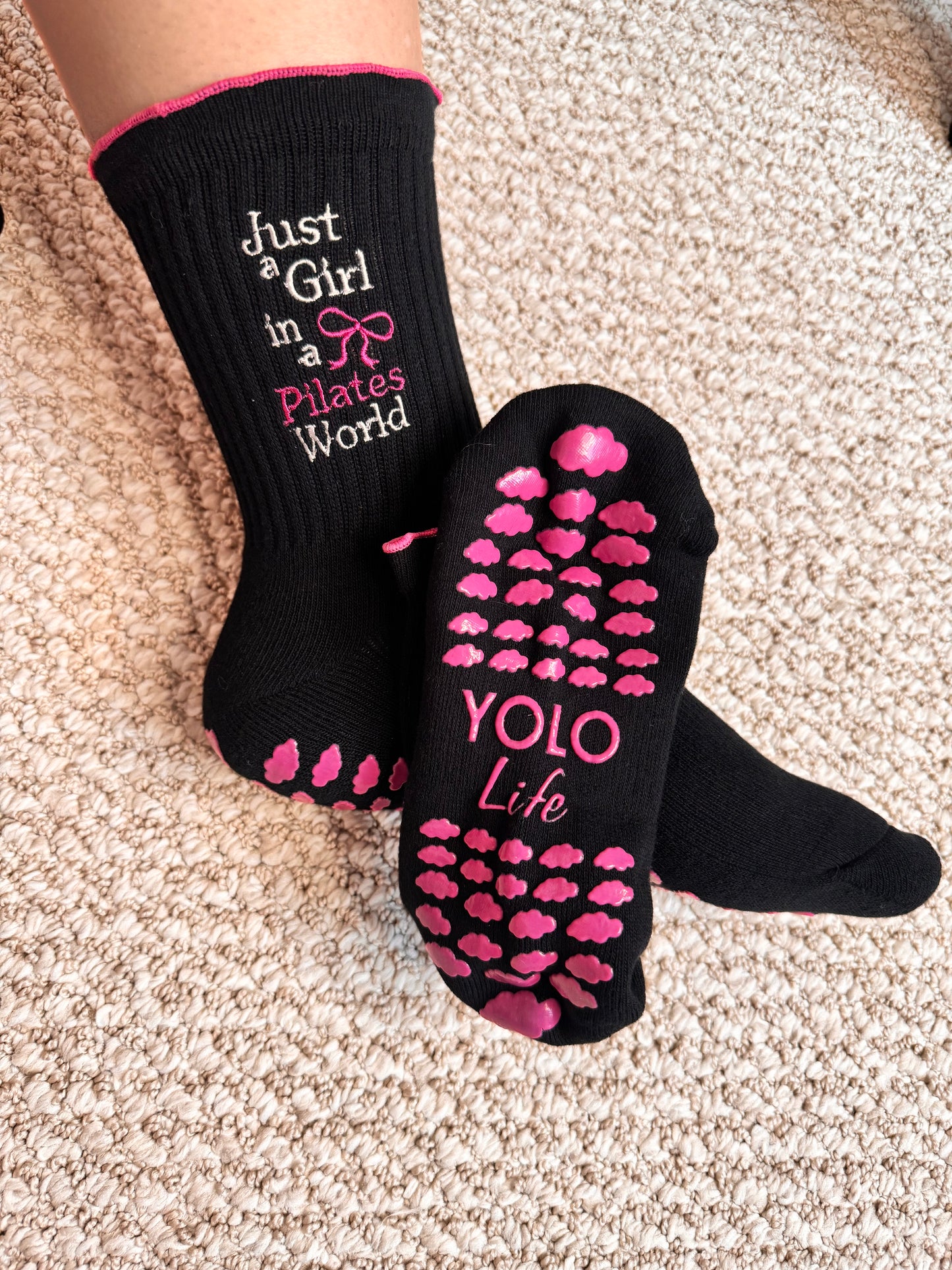 " Just a Girl in a Pilates world " crew grip socks