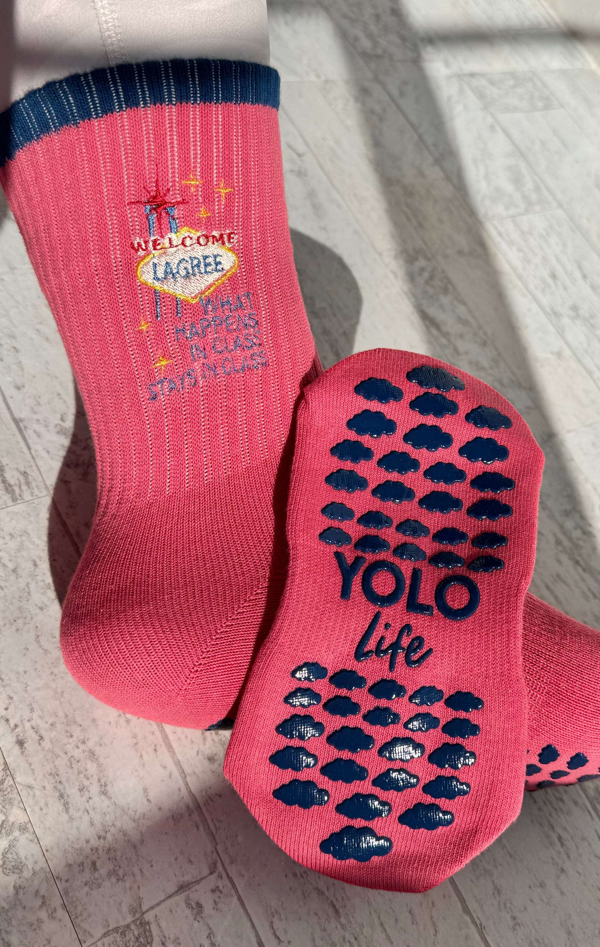 VEGAS BABY” lagree crew grip socks – YOLO LIFE SHOP