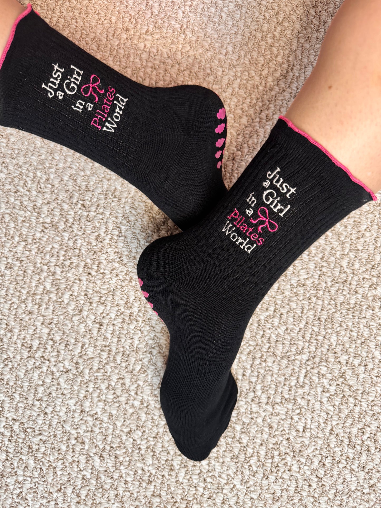 " Just a Girl in a Pilates world " crew grip socks