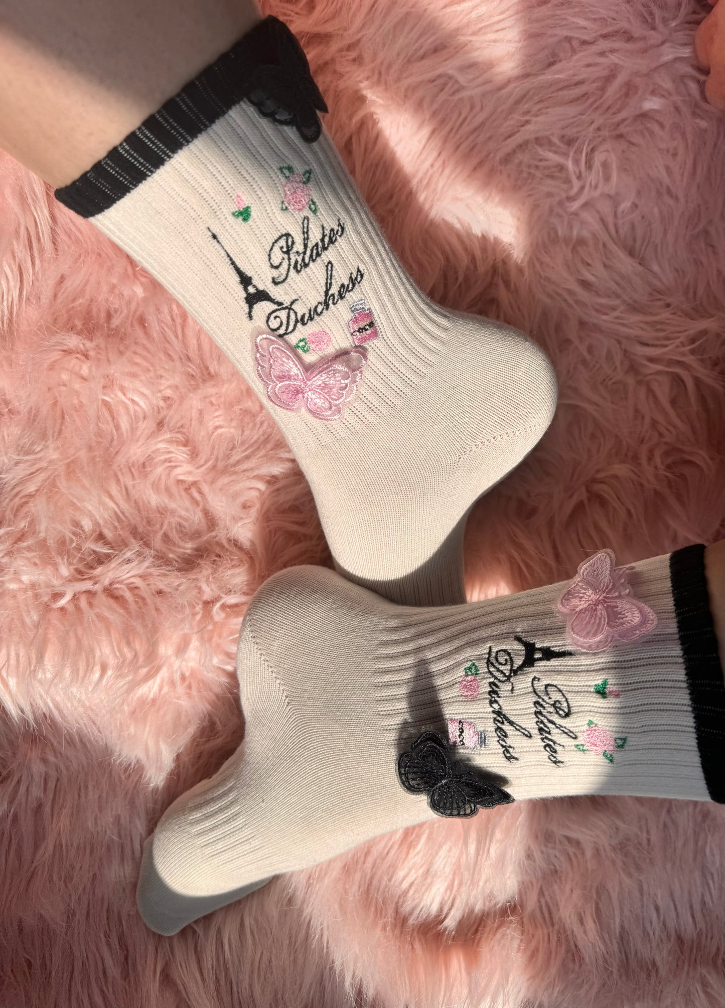 "Duchess in Paris" with butterfly's Pilates crew grip socks