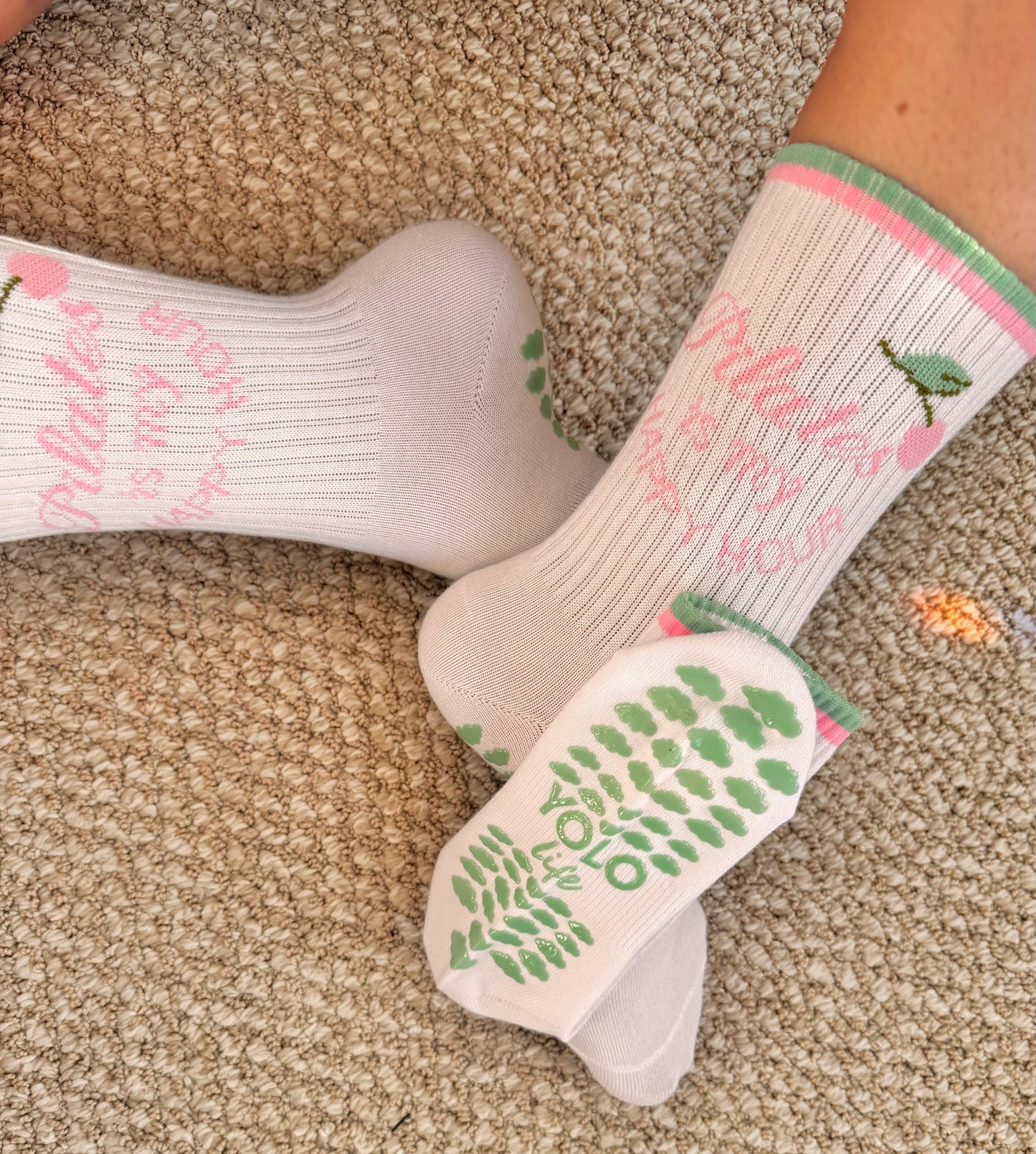 “Pilates is my happy hour” 🍒🌸 Pilates crew grippy socks