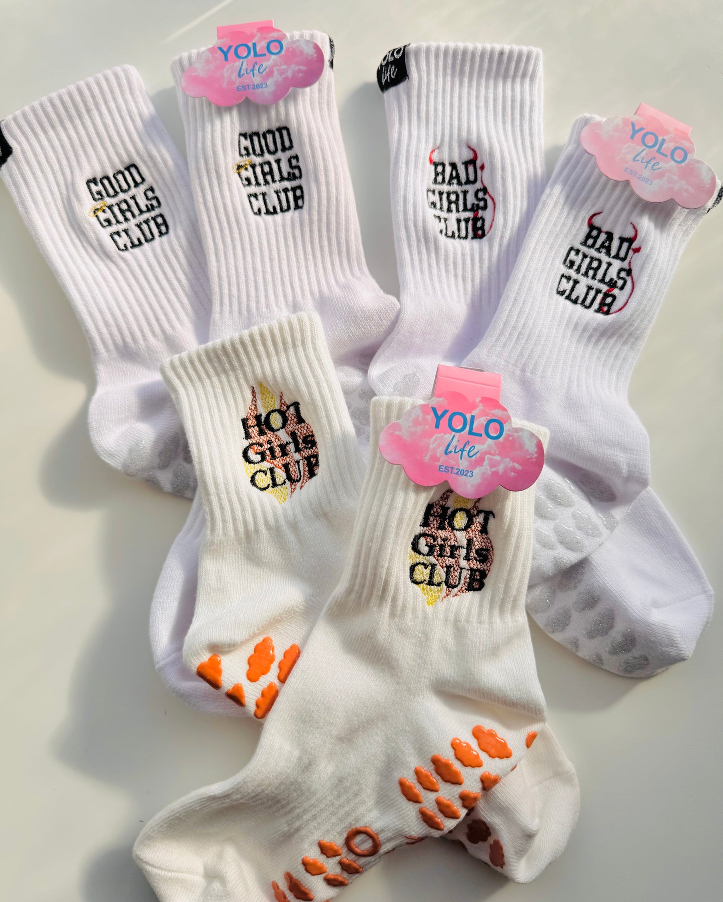 "BAD GIRLS CLUB", "GOOD GIRLS CLUB", "HOT GIRLS CLUB", CREW GRIP SOCKS