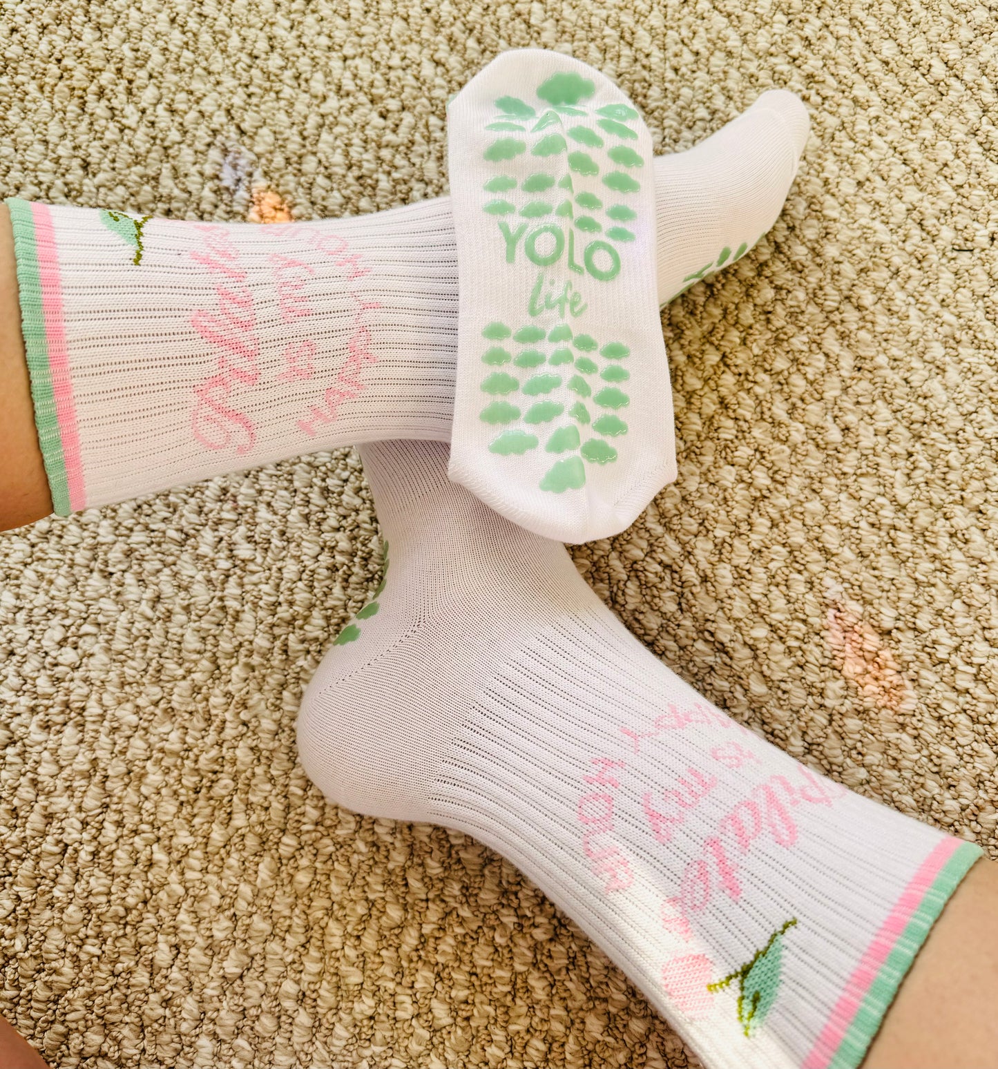 “Pilates is my happy hour” 🍒🌸 Pilates crew grippy socks