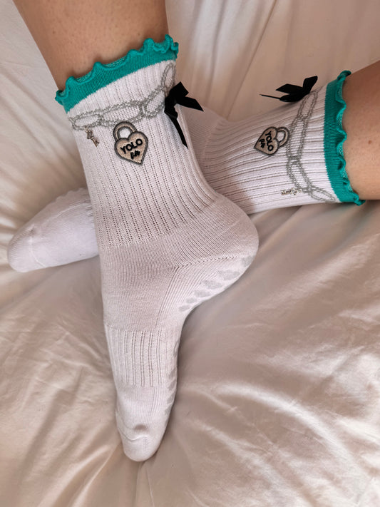 “Tiffany’s Treasures” embroidered crew grip socks