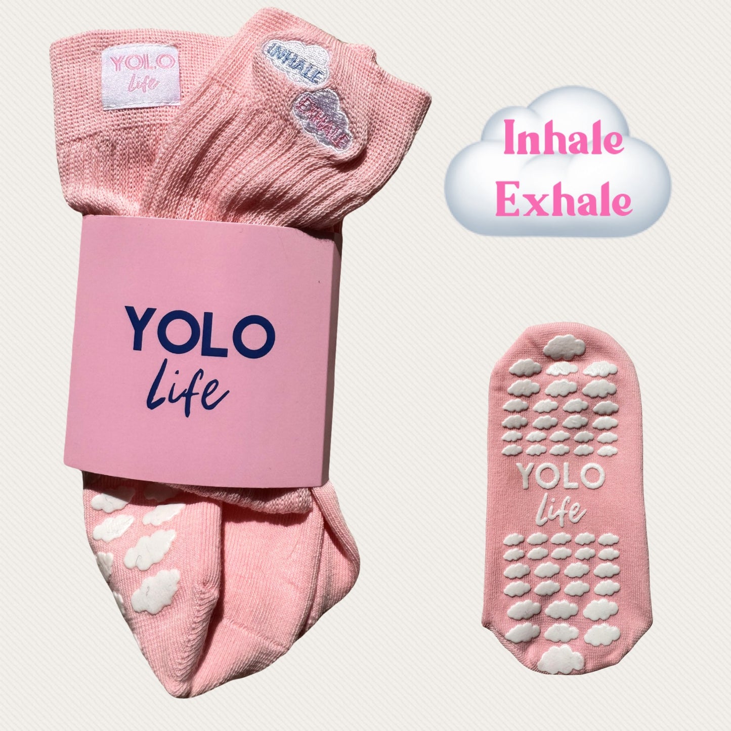 "INHALE EXHALE" slouchy Grip sock ☁️🎀🪽