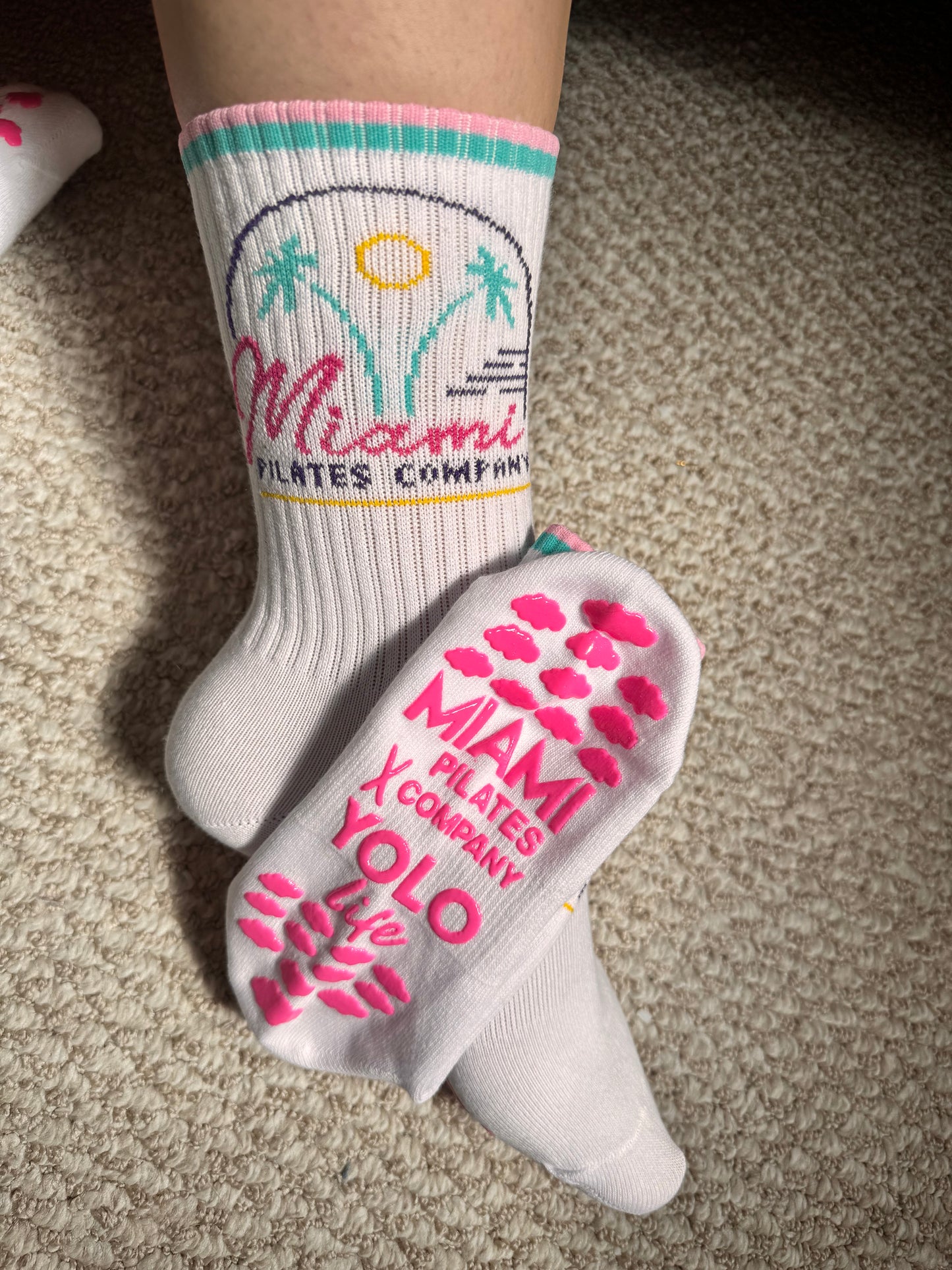 'MIAMI"☁️🌴☀️ crew grip socks. YOLO LIFE X MIAMI PILATES COMPANY