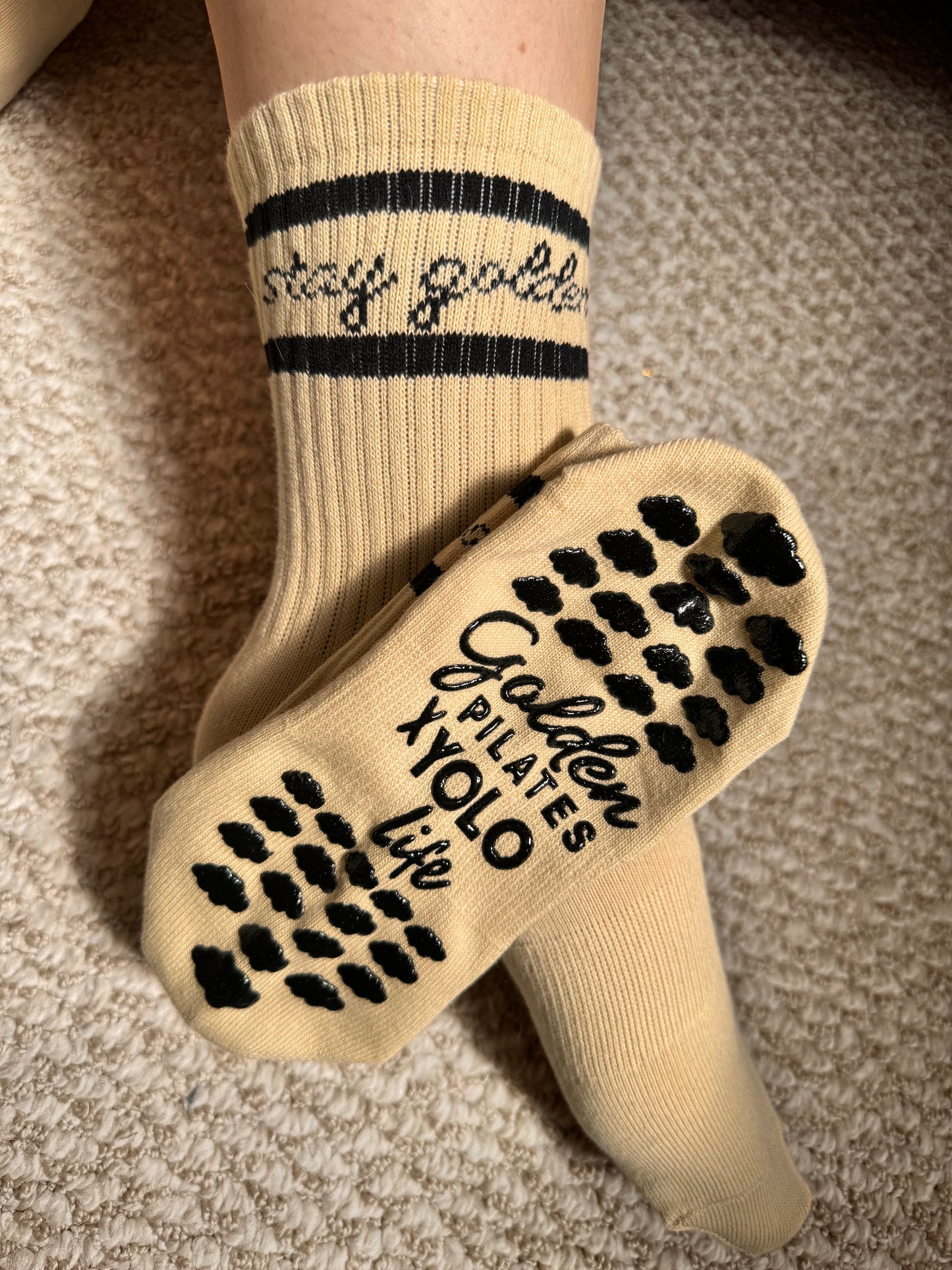 "STAY GOLDEN"☁️⭐️🎀 Pilates Crew Grip socks. YOLO LIFE X GOLDEN PILATES