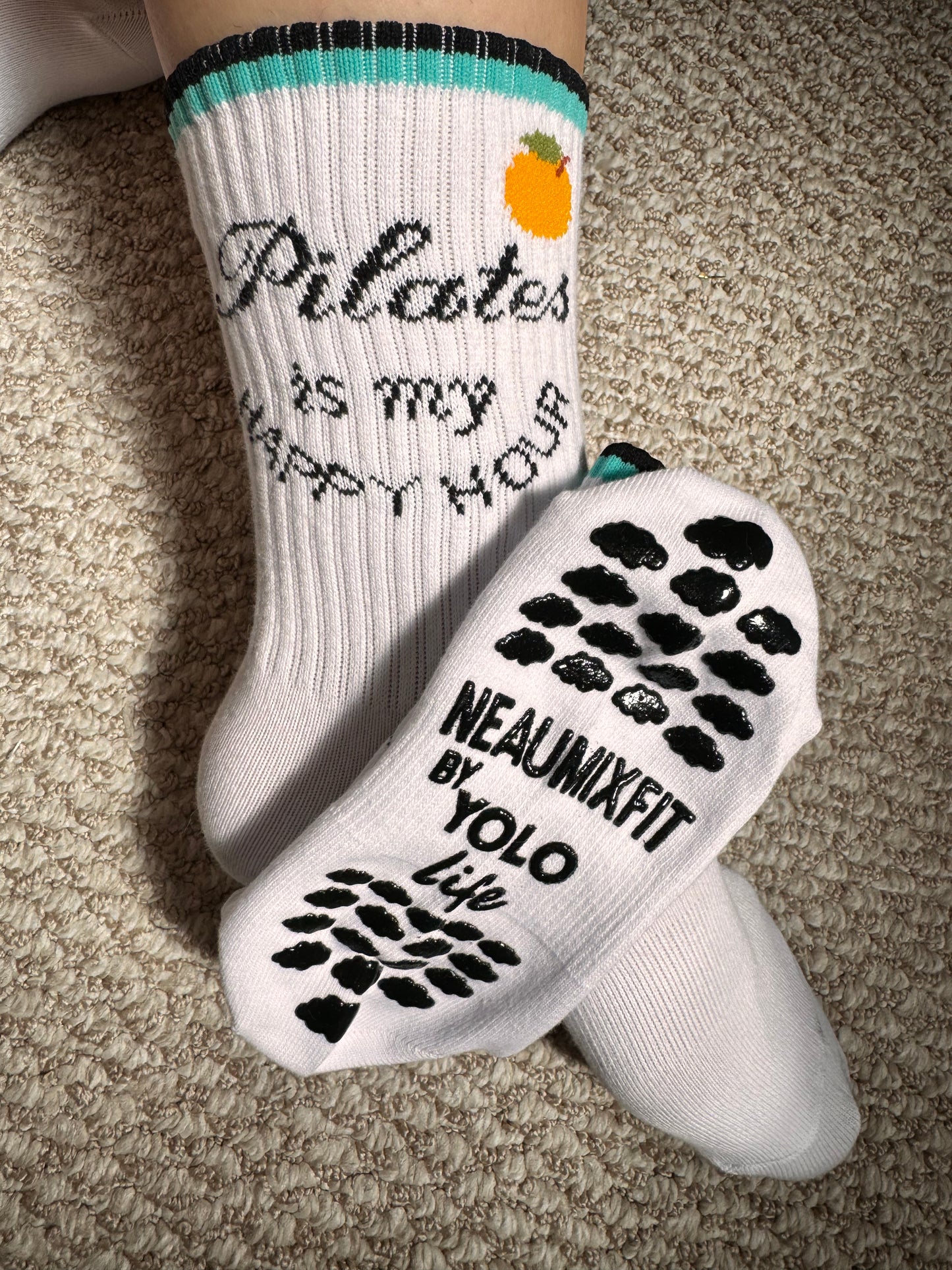 "PILATES IS MY HAPPY HOUR"           ☁️🍊🎀 crew grip socks. YOLO LIFE X NEAUMIXFIT