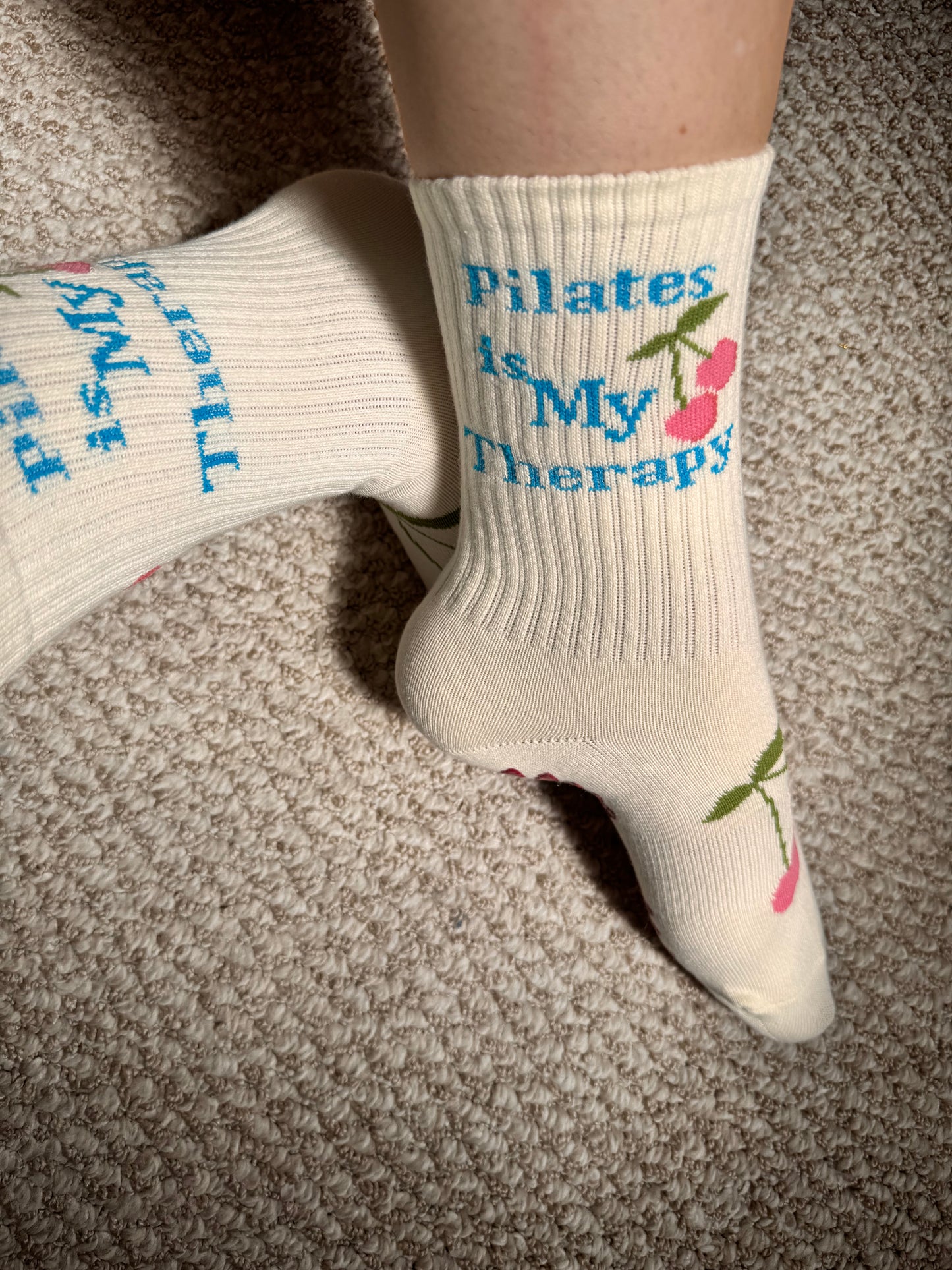 "PILATES IS MY THERAPY" 🎀🍒🦋Pilates crew grip socks