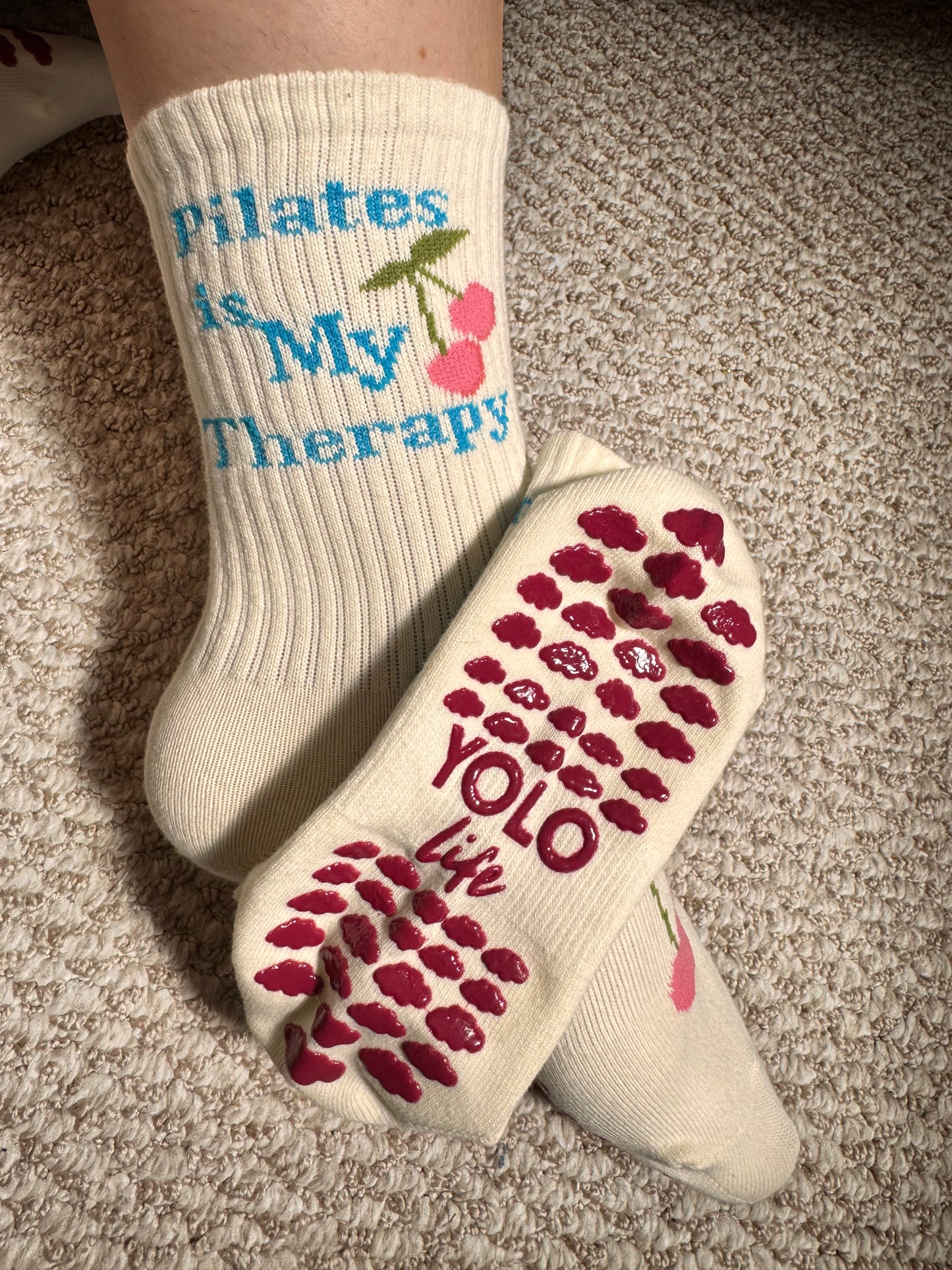 "PILATES IS MY THERAPY" 🎀🍒🦋Pilates crew grip socks