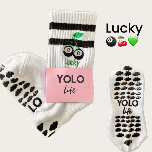 "LUCKY" 🎱🍒💚 embroidered  Pilates crew grip socks