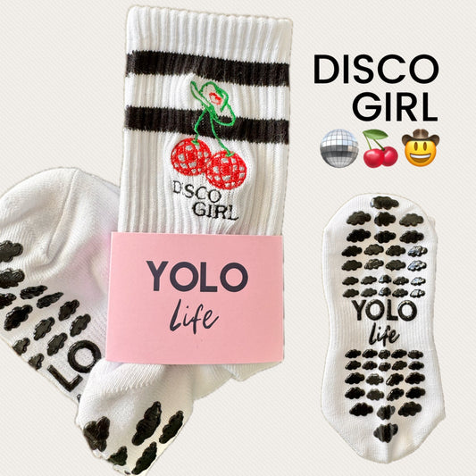 "DISCO GIRL" 🪩🍒🤠 embroidered Pilates crew socks