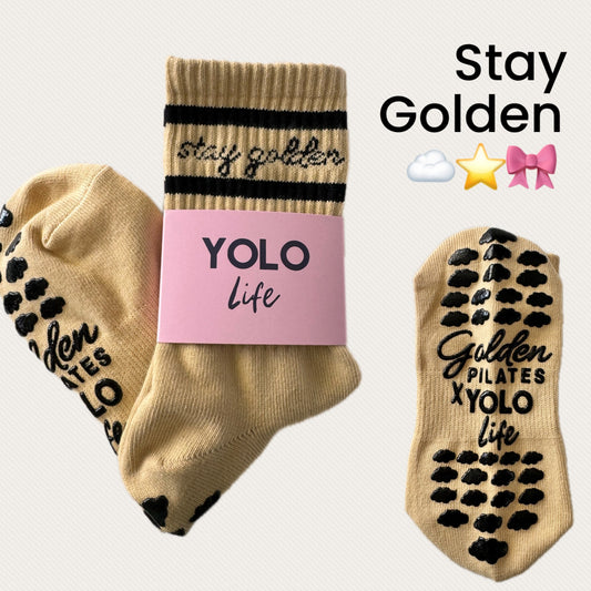 "STAY GOLDEN"☁️⭐️🎀 Pilates Crew Grip socks. YOLO LIFE X GOLDEN PILATES