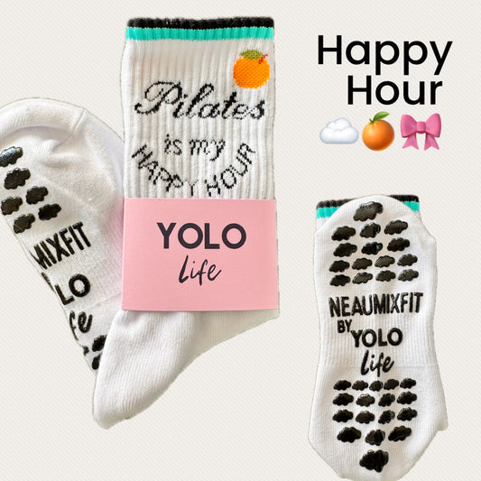 "PILATES IS MY HAPPY HOUR"           ☁️🍊🎀 crew grip socks. YOLO LIFE X NEAUMIXFIT